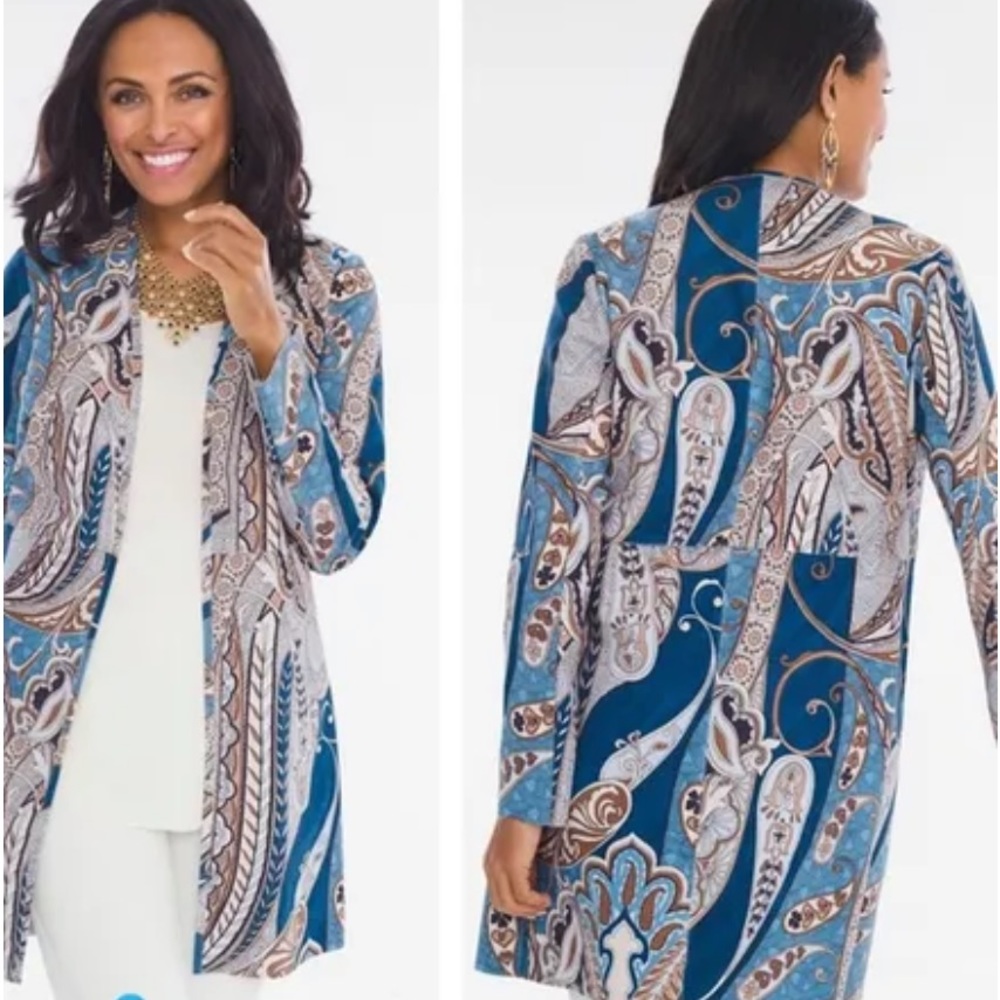 Chico’s size XL blue print micro suede retro print 3 quarter length open front